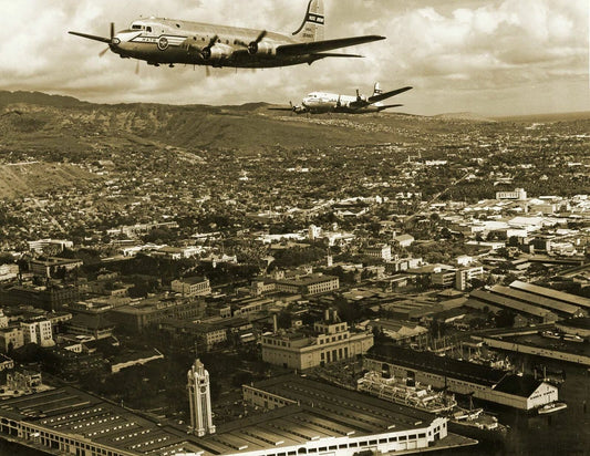 1951 Douglas C54 Skymasters Over Honolulu Hawaii Old Keychain Reprint