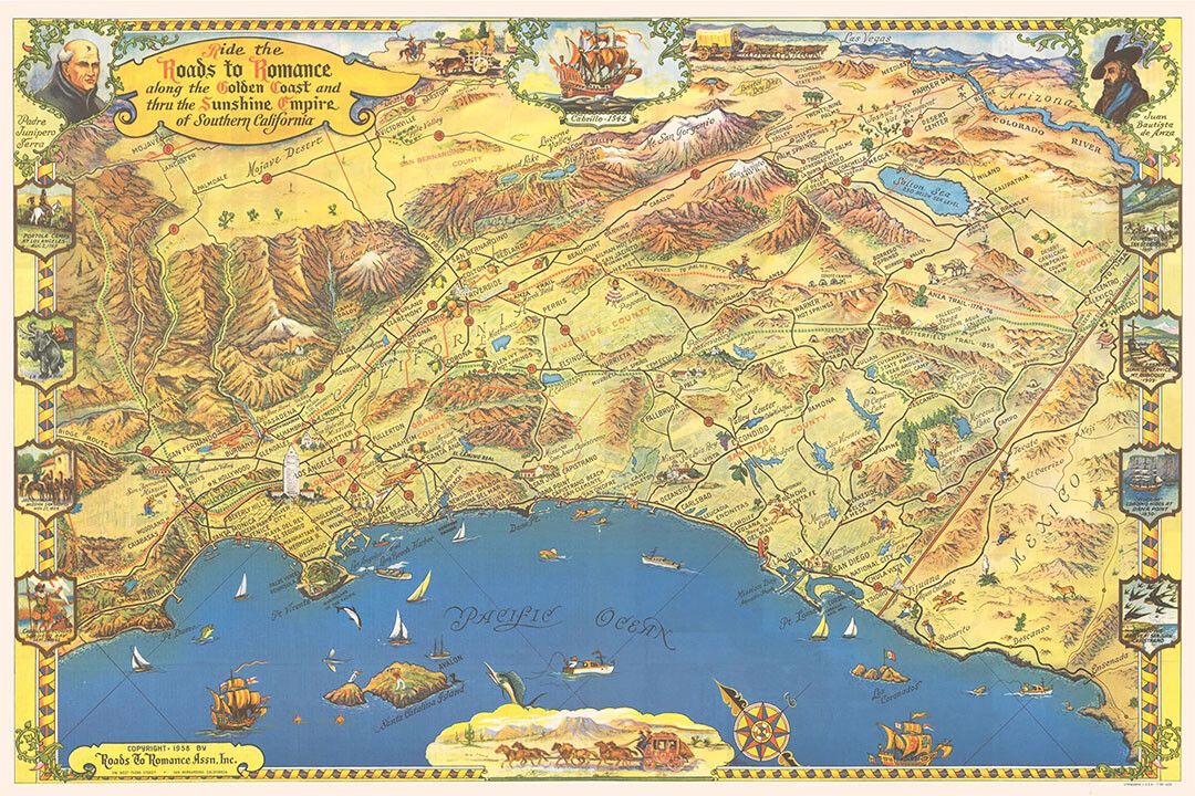 1953 Roads To Romance Southern California Old Map Magnet