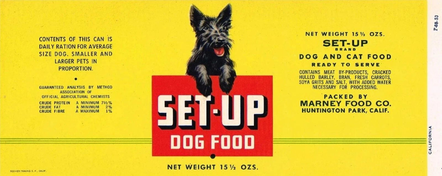 1953 Set Up Brand Dog Food Huntington California Terrier Pet Label Art Print