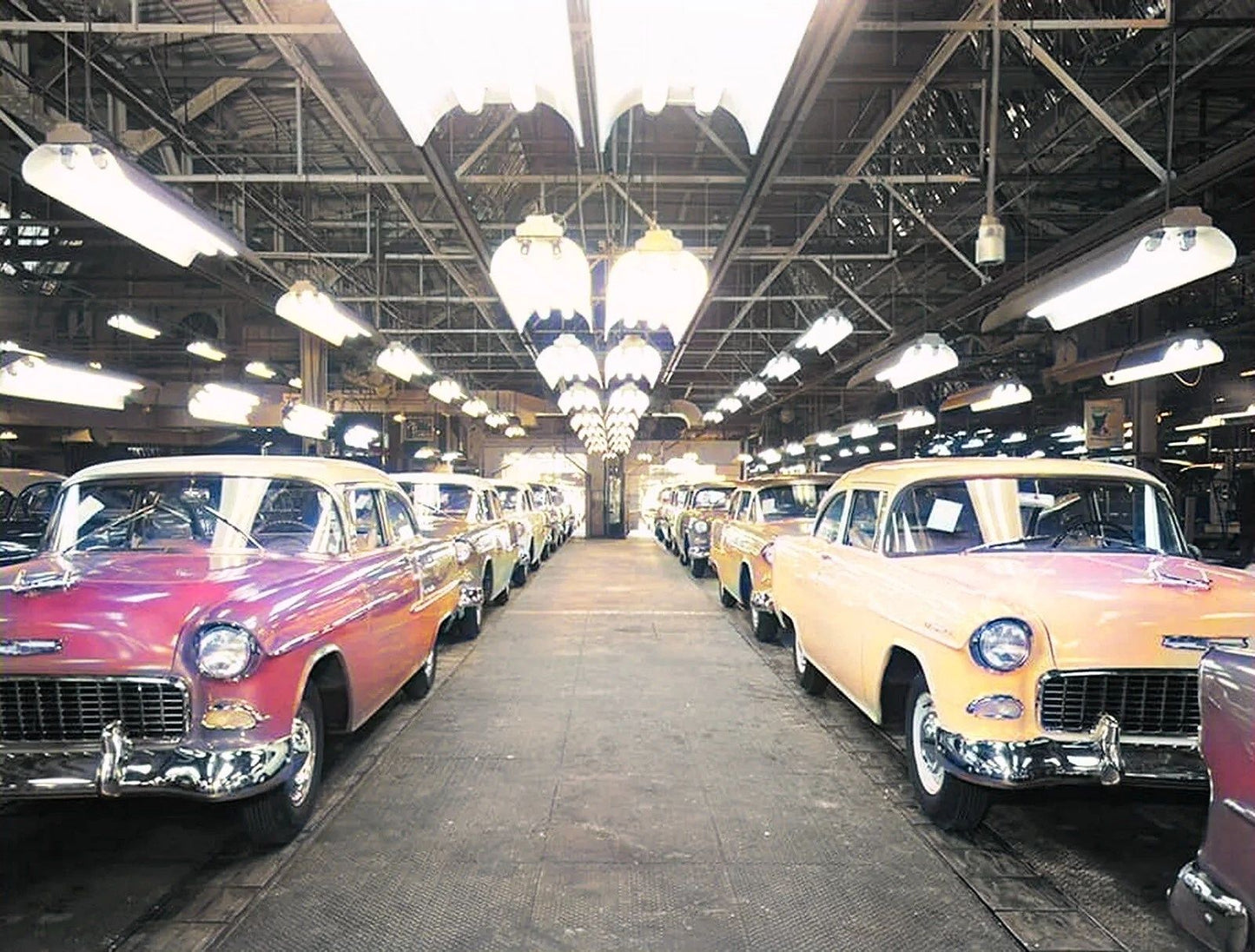 1955 Chevrolet Classic Car Factory Assembly Line Colorized Picture Keychain
