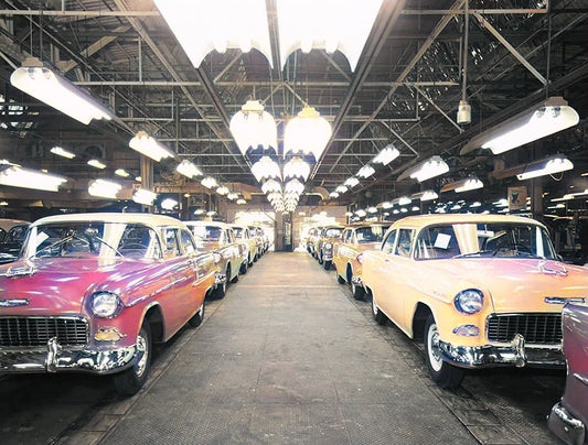1955 Chevrolet Classic Car Factory Assembly Line Colorized Picture Magnet