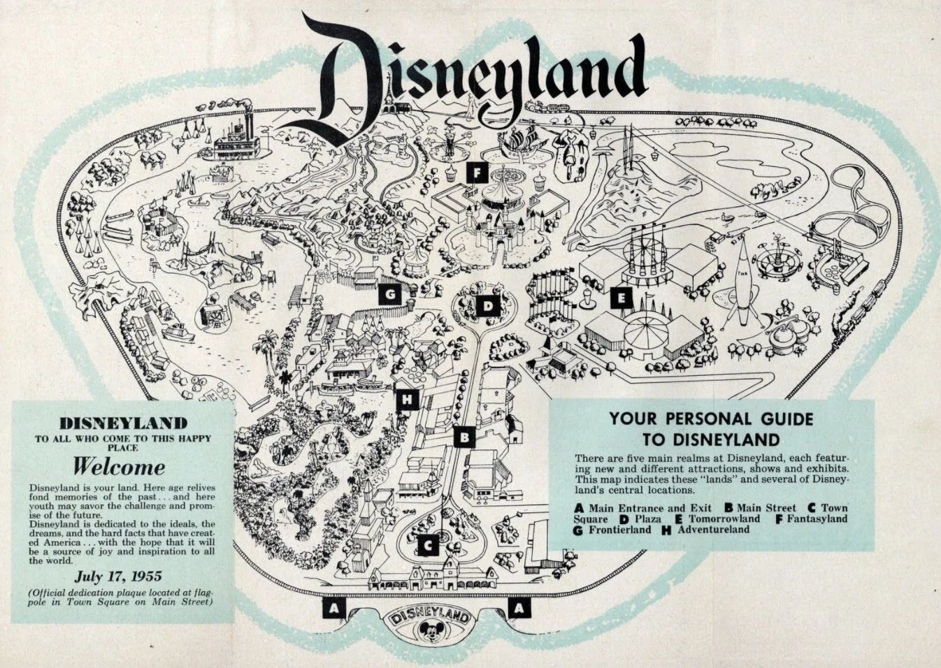 1955 Disney Land Guide Map Mickey Mouse Walt Disney Replica Print