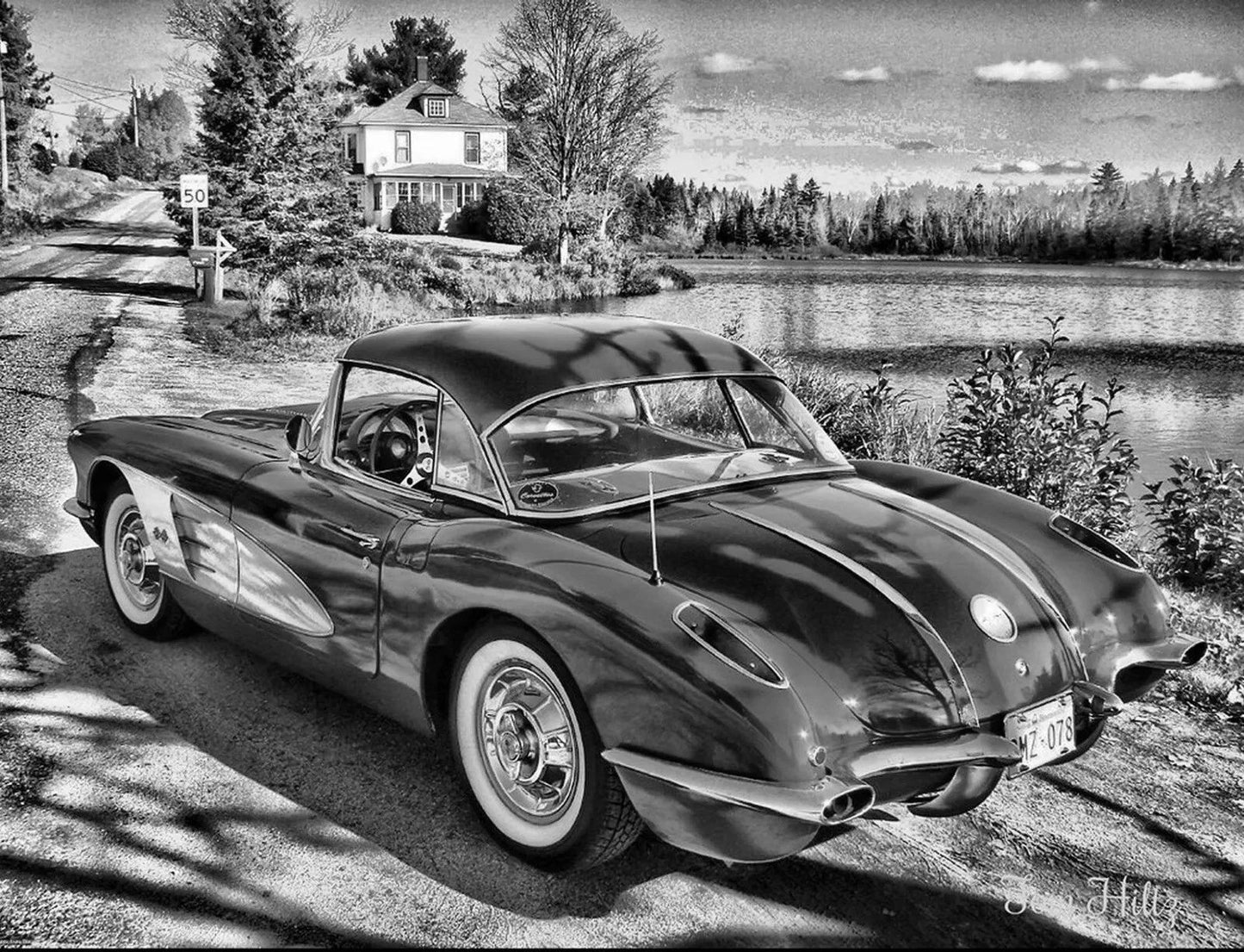 1958 Chevy Corvette Classic Car On Lake Retro Picture Magnet