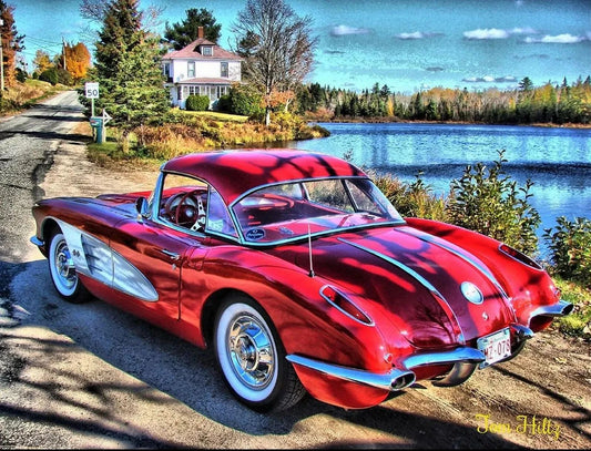 1958 Chevy Corvette Classic Car On The Lake Retro Picture Keychain