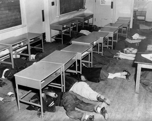 1960 Civil Defense Duck & Cover Drill At Grade School Retro Picture Keychain