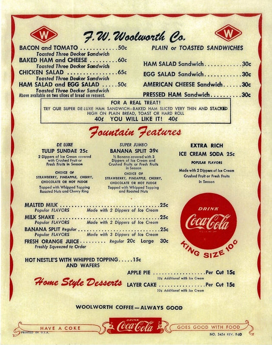 1960 Woolworth Restaurant Harvest House Menu Reprint Poster Photo