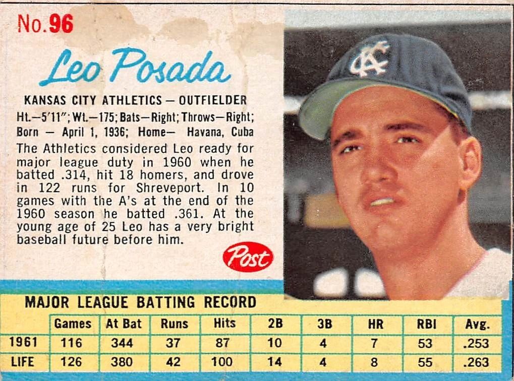 1962 Post #96 Leo Posada Kansas City Athletics