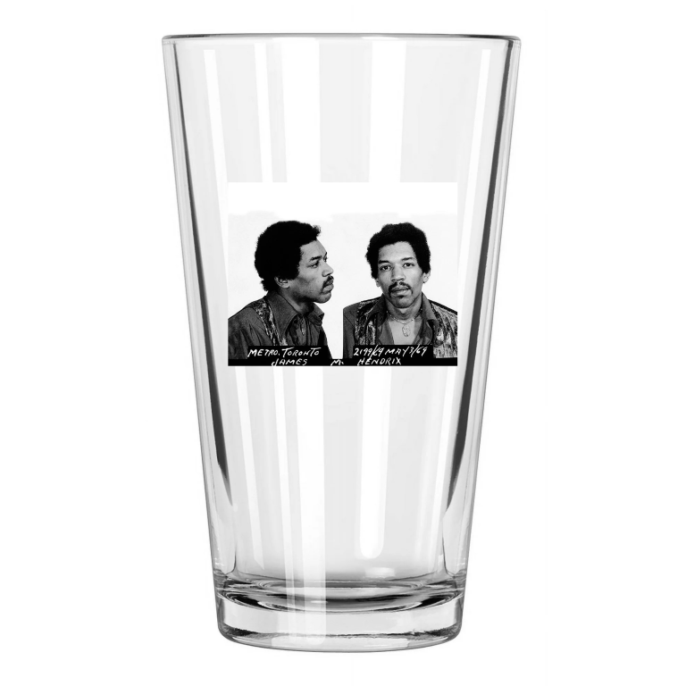 1969 Singer Jimi Hendrix Mugshot Photo Toronto Airport Pint Beer Drinking Glass
