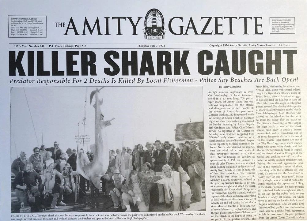 1975 Jaws Amity Island Gazette Killer Shark Caught Print Great White Shark