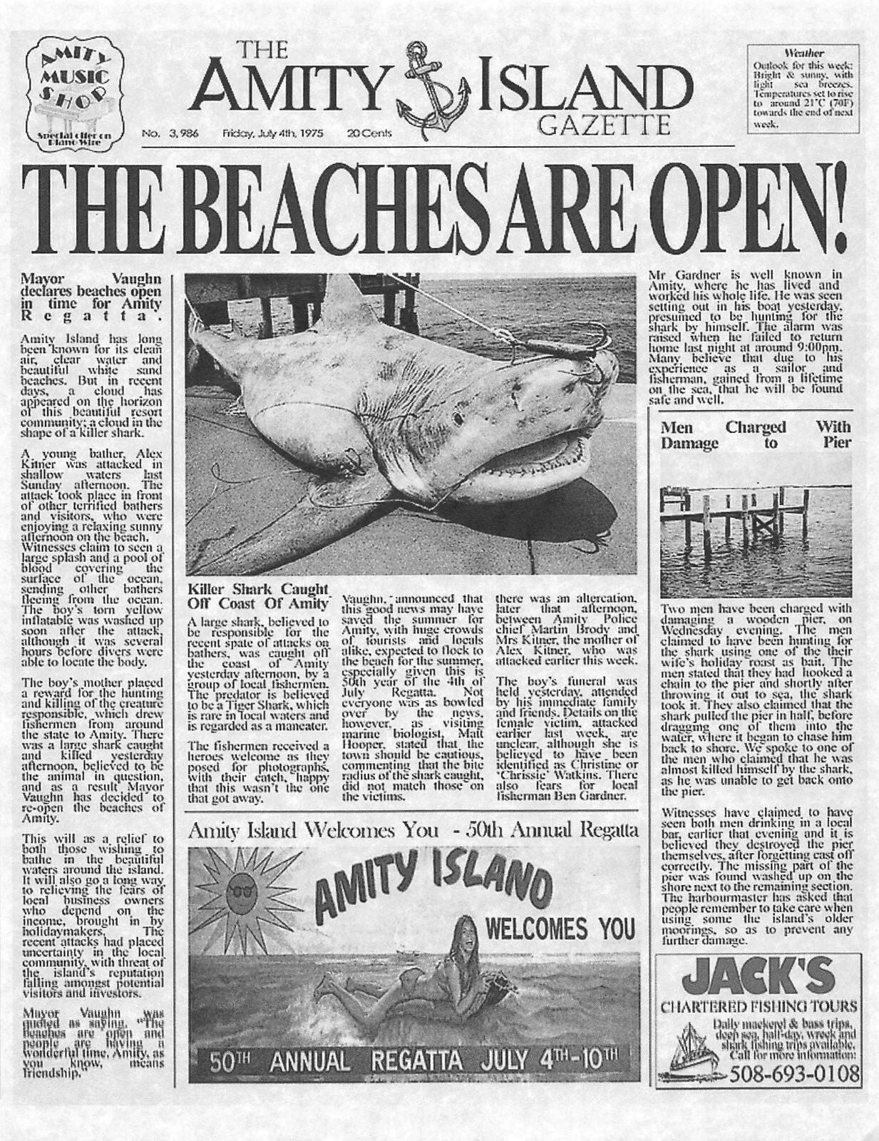 1975 Jaws Amity Island Gazette The Beaches Are Open! Print Great White Shark