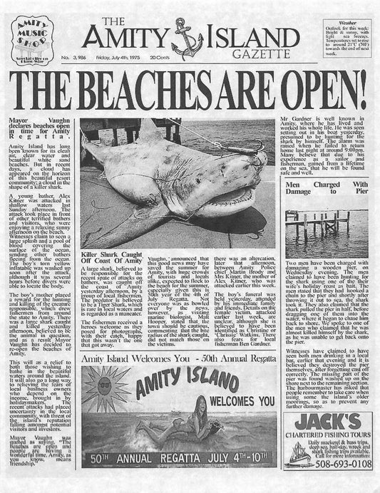 1975 Jaws Amity Island Gazette The Beaches Are Open! Print Great White Shark