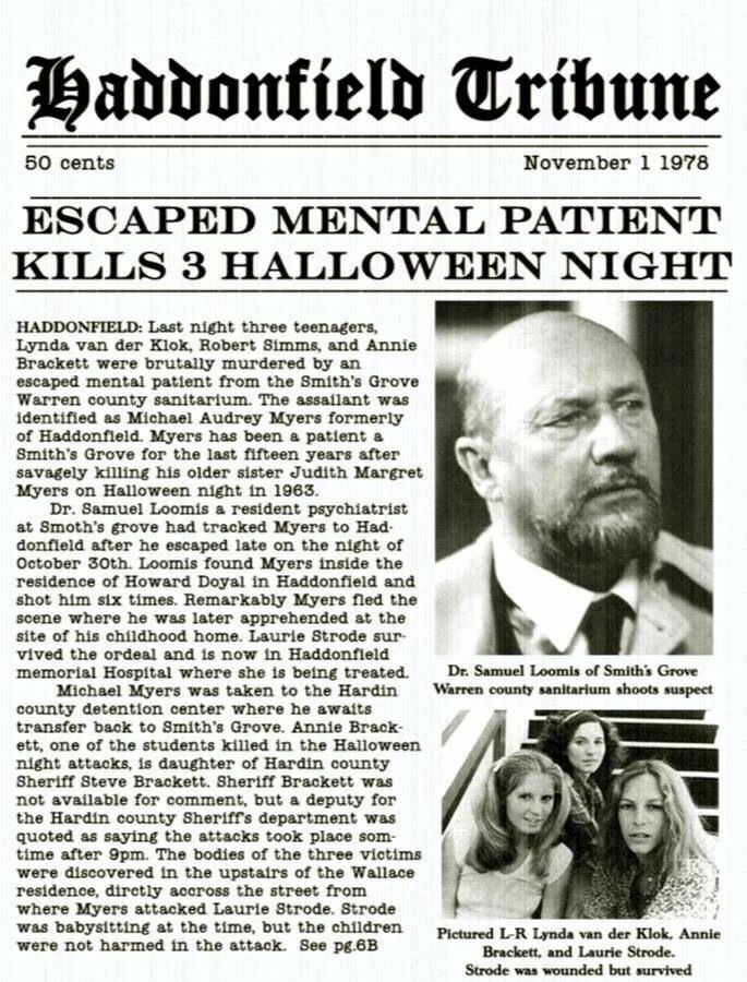 1978 Halloween Haddonfield Tribune Escaped Mental Patient Michael Myers Print
