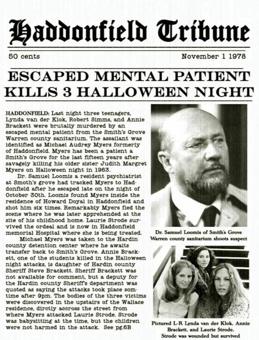 1978 Halloween Haddonfield Tribune Escaped Mental Patient Michael Myers Print
