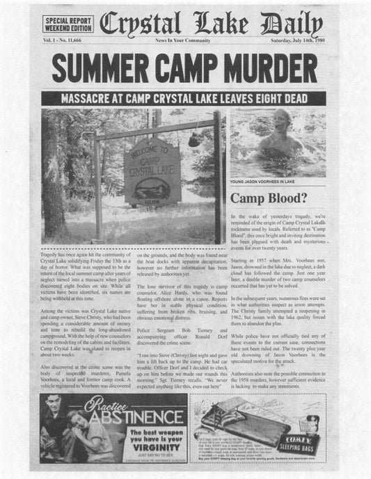 1980 Friday The 13Th Crystal Lake Daily Summer Camp Murder Jason Voorhees Print