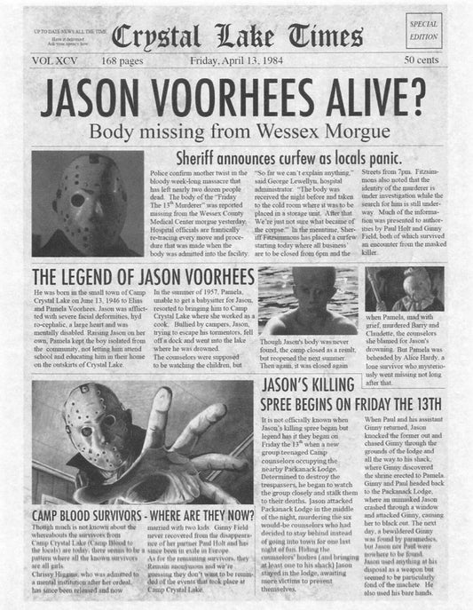 1980 Friday The 13Th Crystal Lake Times Jason Voorhees Alive Newspaper Print