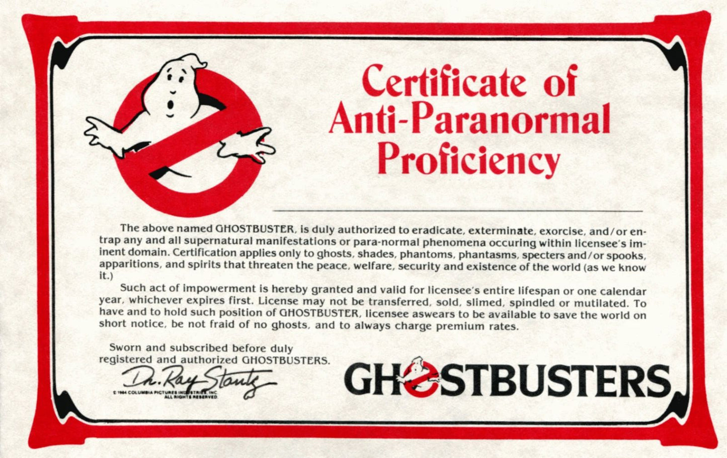 1984 Ghostbusters Certificate Of Anti Paranormal Proficiency Ray Stantz Egon