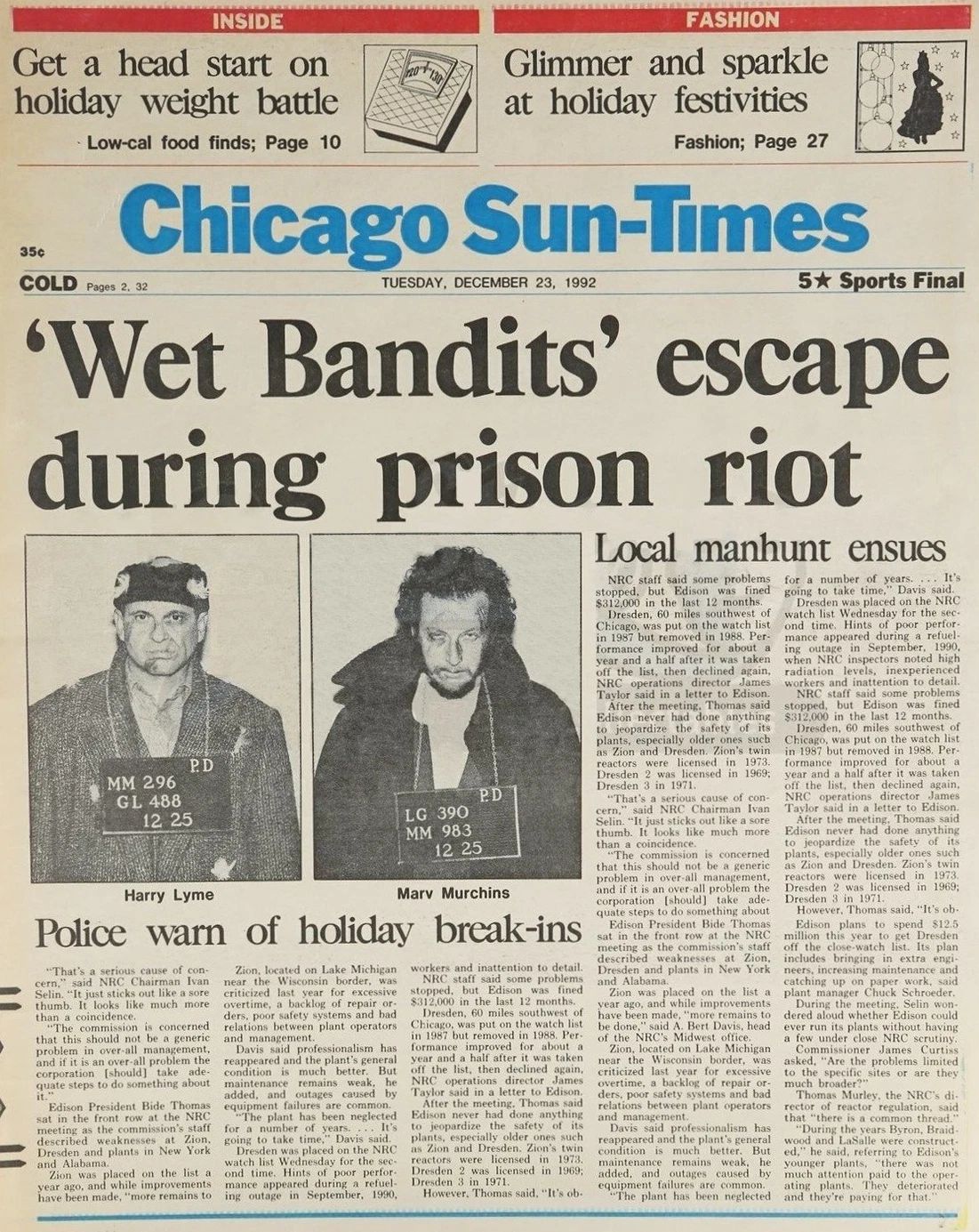 1990 Home Alone Chicago Sun Times Wet Bandits Escape Harry & Marvin
