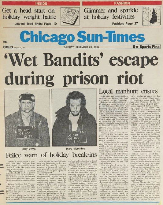 1990 Home Alone Chicago Sun Times Wet Bandits Escape Harry & Marvin