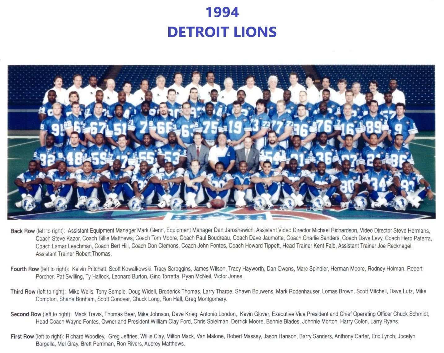 1994 Detroit Lions Team Photo Football Picture Nfl