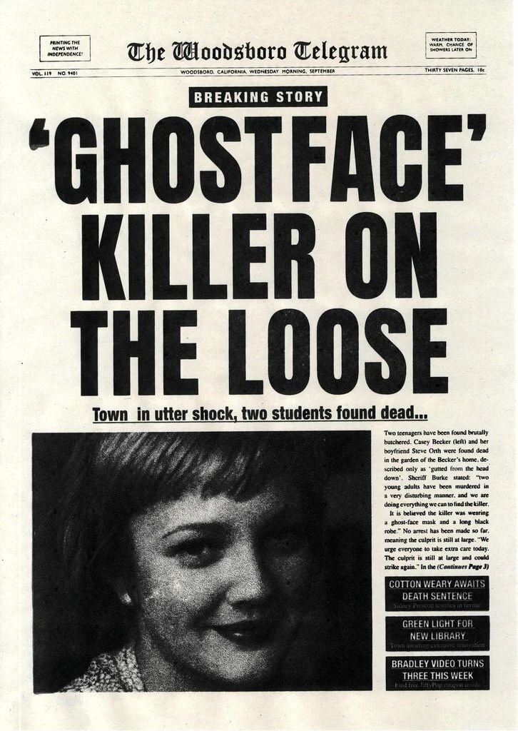 1996 Scream Woodsboro Telegram Ghostface Killer On The Loose Casey Becker