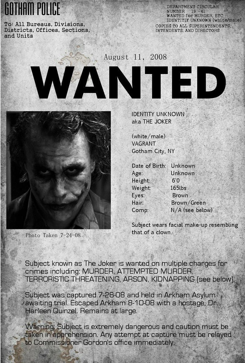 2008 Batman The Dark Knight Joker Gotham Police Wanted Magnet Heath Ledger