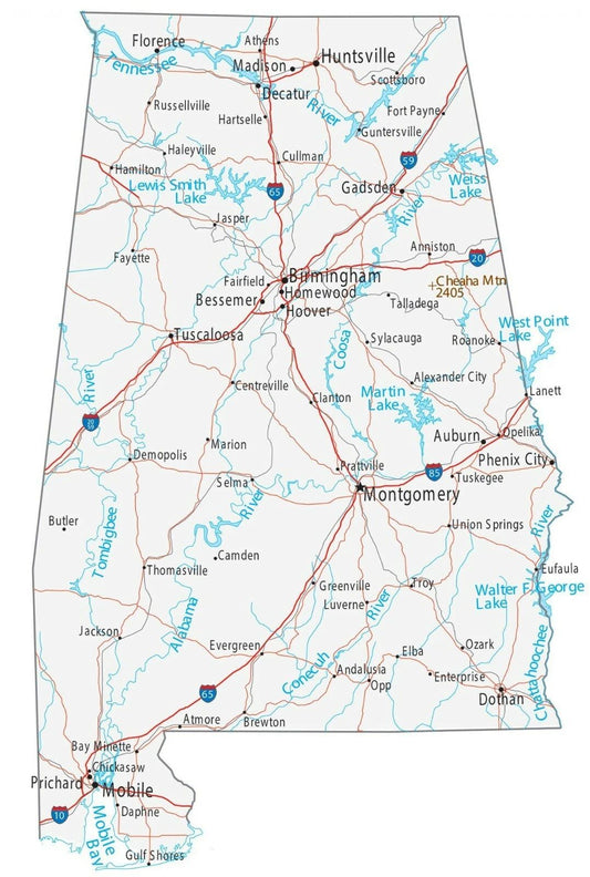 Alabama State Road Map Birmingham Montgomery Poster Photo Picture Print