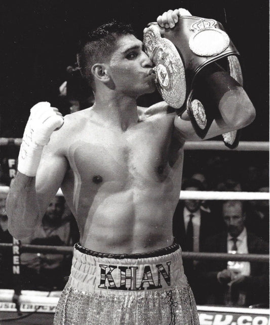 Amir Khan Photo Boxing Picture Holding Belt Bw