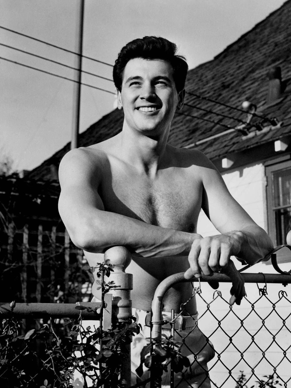 Actor Rock Hudson Standing In Yard Without Shirt Picture Keychain