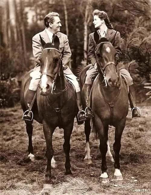 Actors Katharine Hepburn & Spencer Quessey On Horses Retro Picture Photo