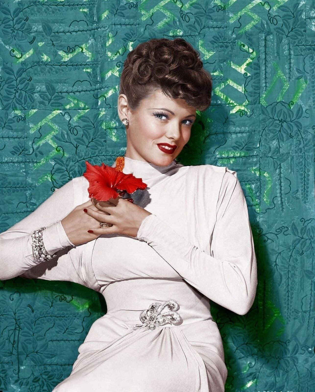 Actress Gene Tierney Posing With A Flower Classic Hollwood Picture Keychain
