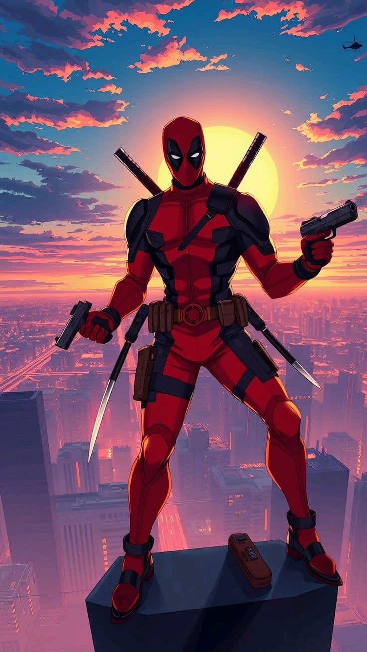 Animated Deadpool Sunset Cityscape Print Poster