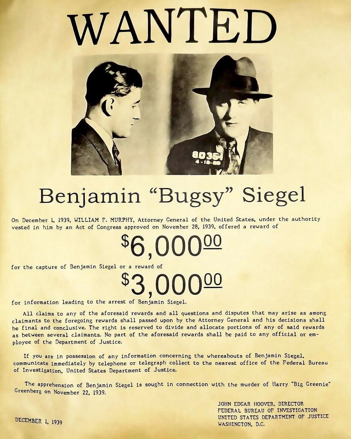 Bugsy Siegel Wanted Magnet Picture Mafia Organized Crime Mob Criminal