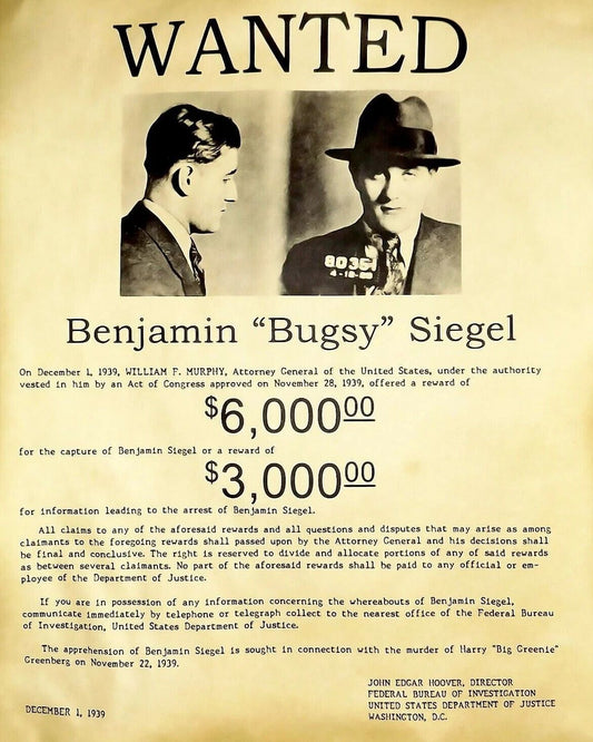 Bugsy Siegel Wanted Photo Picture Mafia Organized Crime Mob Criminal