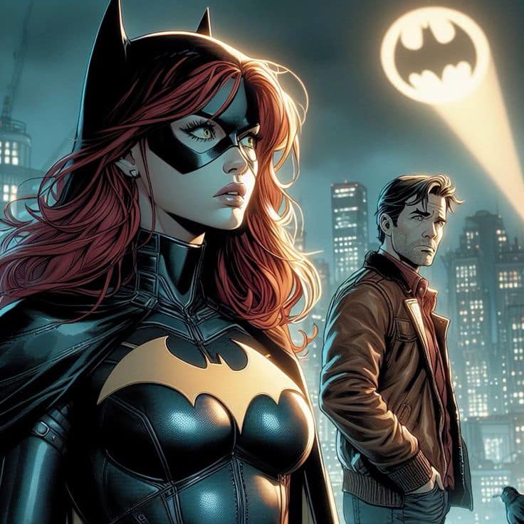Batgirl And Bruce Wayne Gotham Night Print Poster