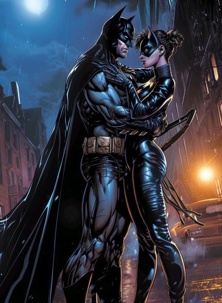 Batman And Catwoman Under Rainy Night Sky Print Poster