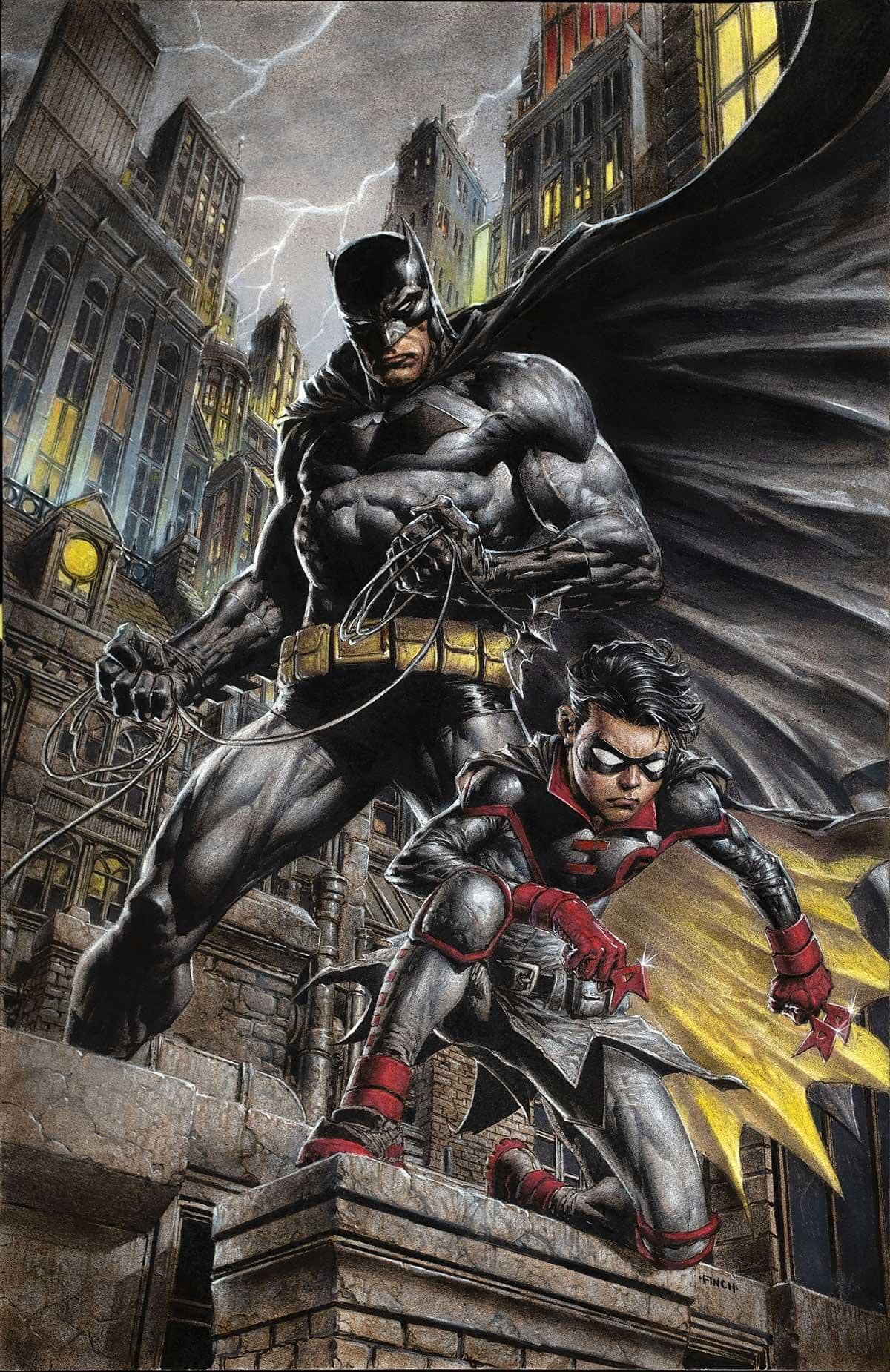 Batman And Robin In Cityscape Print Poster