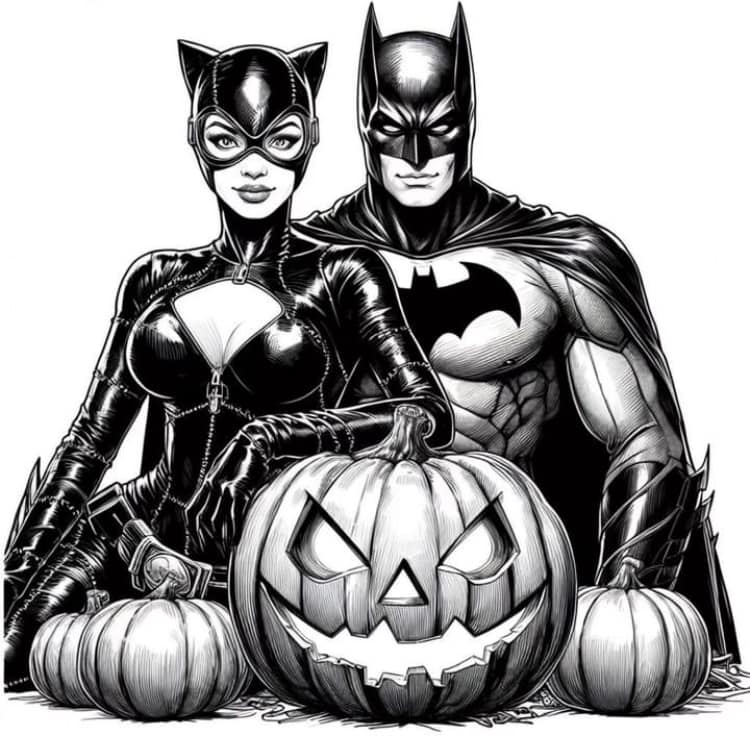 Batman Catwoman Halloween Pumpkin Print Poster