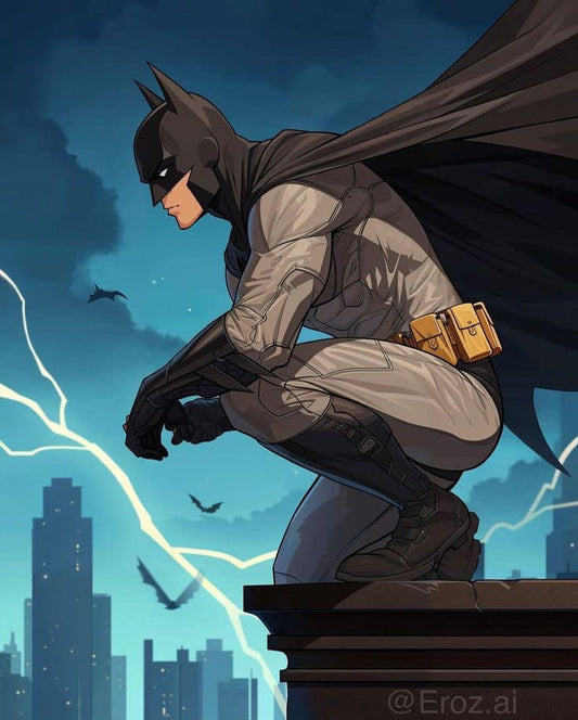 Batman Crouching Cityscape Stormy Night Print Poster