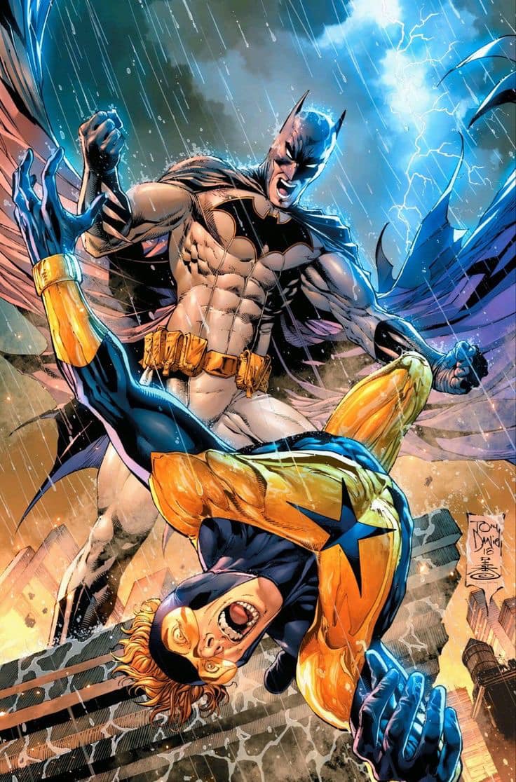 Batman Fighting Golden Age Hero Stormy Night Print Poster