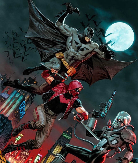 Batman Fighting Villains Night Cityscape Print Poster