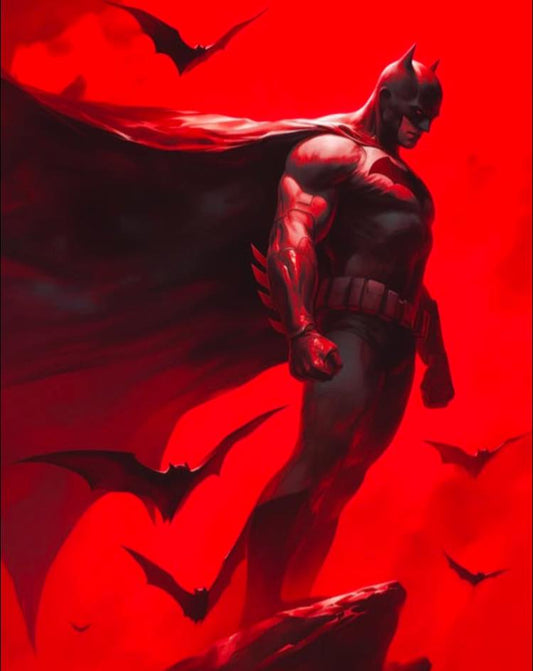 Batman Heroic Stance Red Background Print Poster