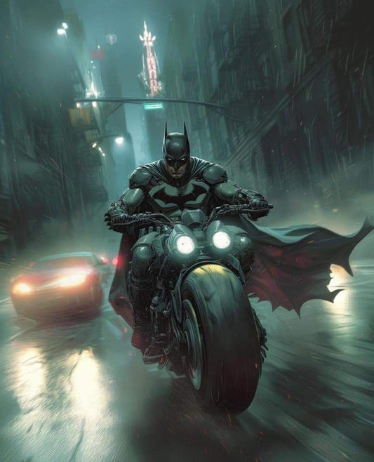 Batman Riding Motorcycle Night Cityscape Print Poster
