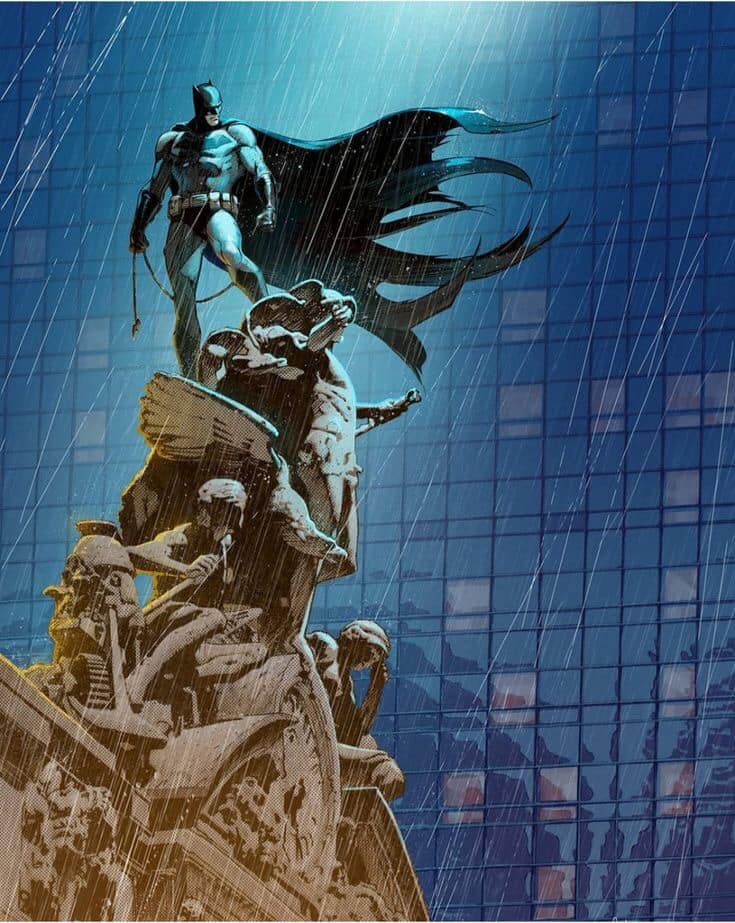 Batman Statue Rainy Night Cityscape Print Poster