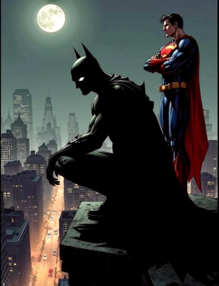 Batman Superman Night Skyline Print Poster