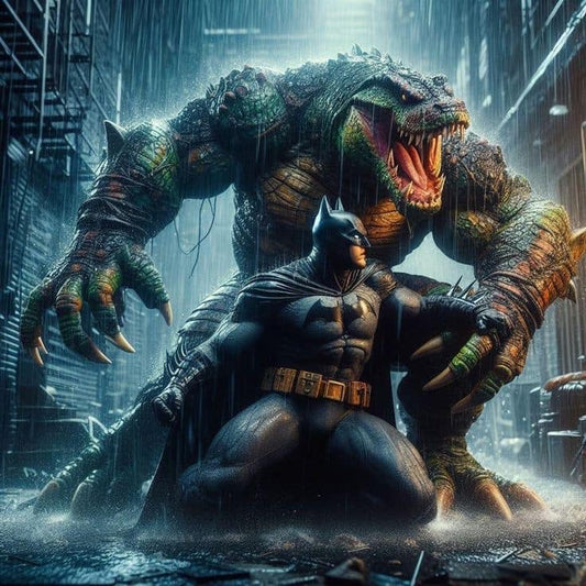 Batman Vs Killer Croc Rainy Urban Scene Print Poster