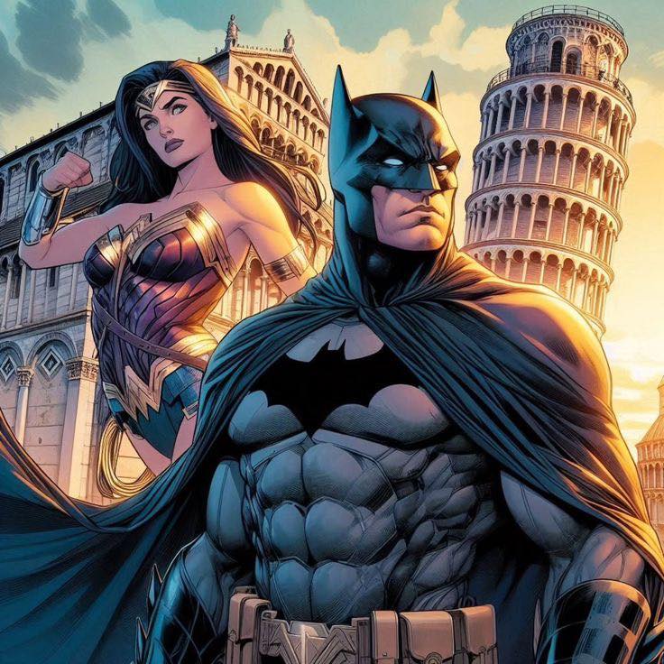 Batman Wonder Woman Pisa Print Poster