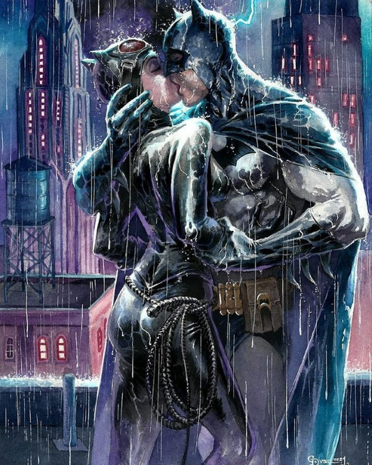 Batman Catwoman Kiss Rain Print Poster