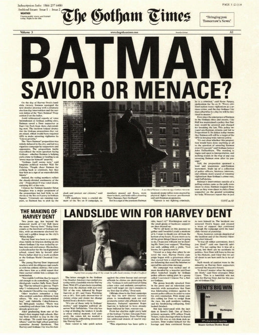 Batman The Dark Knight Gotham Times Savior Or Menace Harvey Dent Printreplica