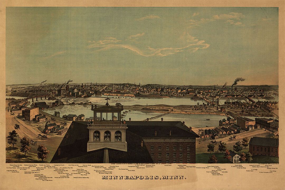 Birds Eye View 1874 Minneapolis Minnesota Vintage Map Wall Art Poster
