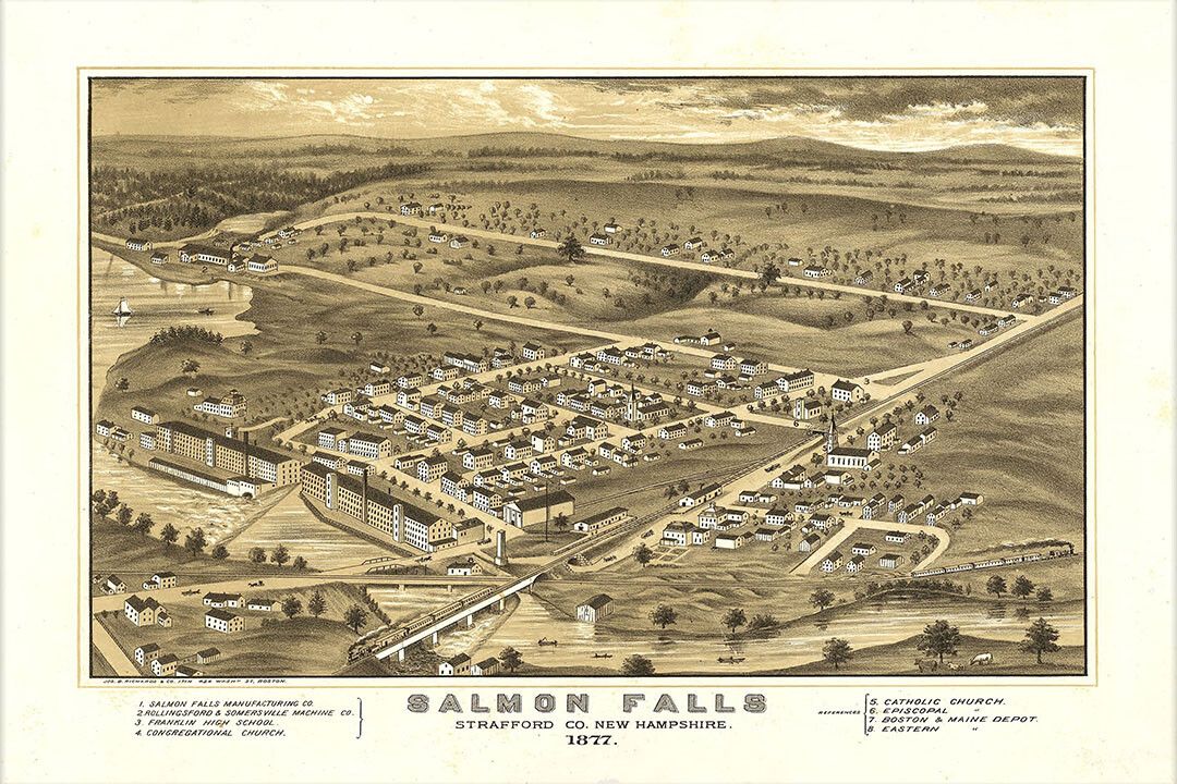 Birds Eye View 1877 Salmon Falls Nh Vintage City Map Wall Art Poster